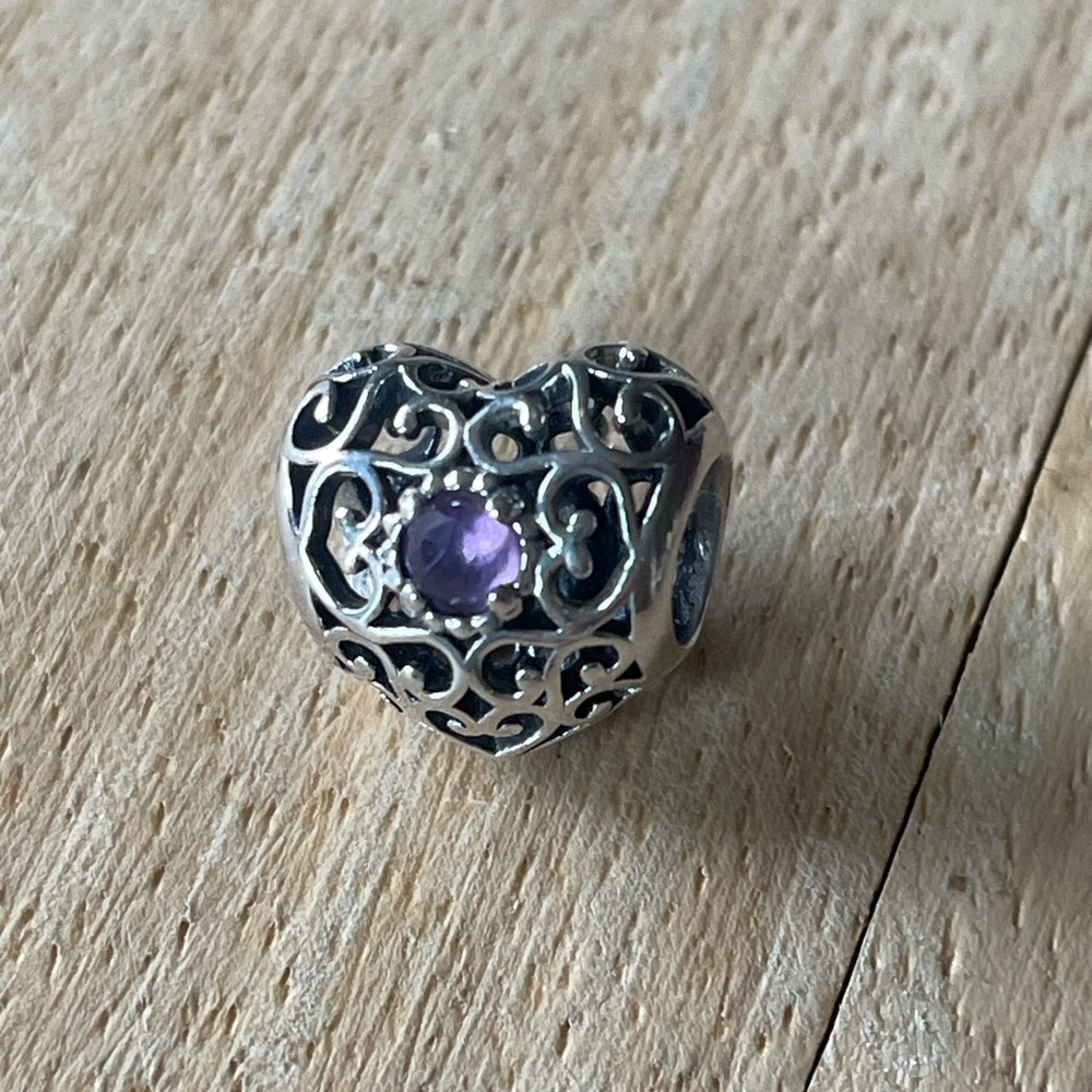 Pandora Silver Filigree Heart Charm with Purple Accent - Picture 1 of 1